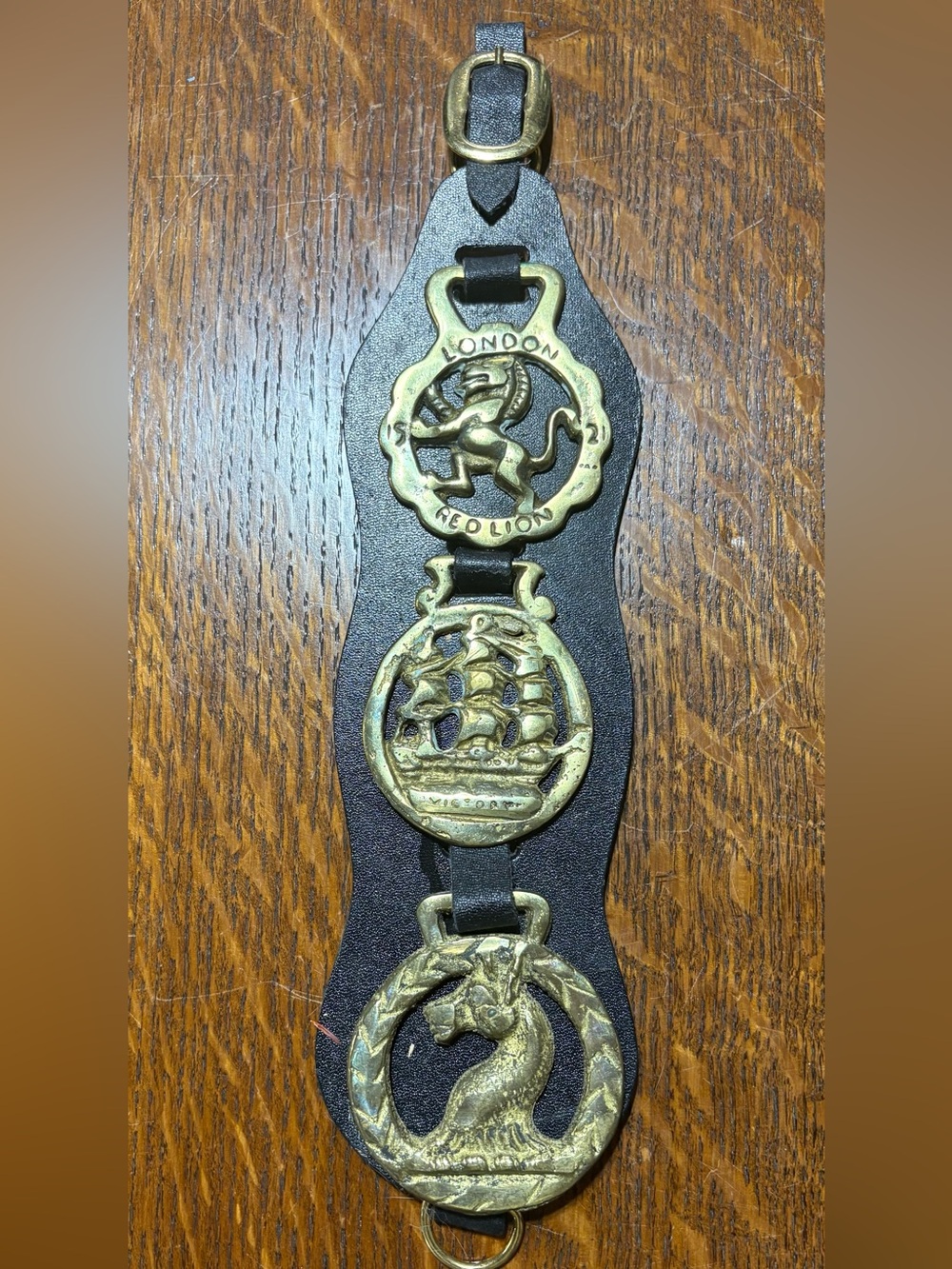 Vintage Brass Horse Medallion Leather Strap With Lot of 3 Medallions
